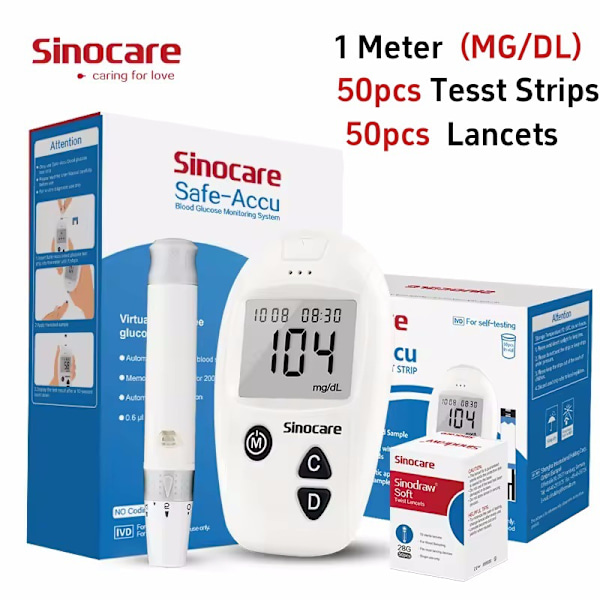 Sinocare Safe-Accu blodsukkerapparat til hjemmebrug, fuldautomatisk, kodefrit blodsukkerapparat til måling af blodsukker Host mg/dL+50 test strips+50 needles