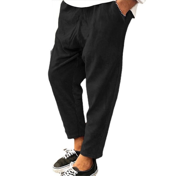 Män Byxor Elastisk Midja Snodd Lösa Casual Mode Raka Nionde Byxor Black XL