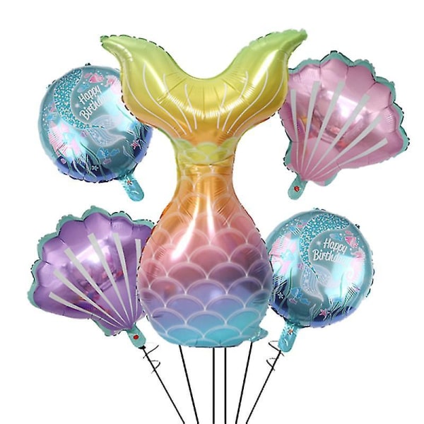 5-pack Folieballonger Sätt Havsjungfrun Tema Födelsedagsfest Dekoration Folieballong Säckmussla Helium Ballon Havsjungfrun Svans Helium Ballon Fiskstjärt Ballon