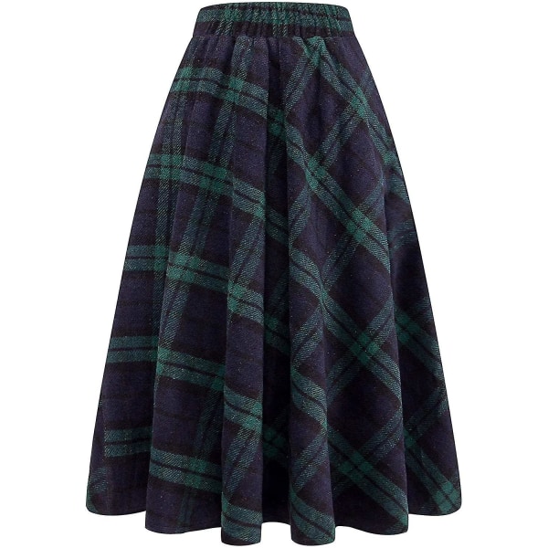 Sunrain Dame Høj Elastisk Talje Maxi Skørt A-linje Tartan Vinter Varmt Flare Langt Skørt