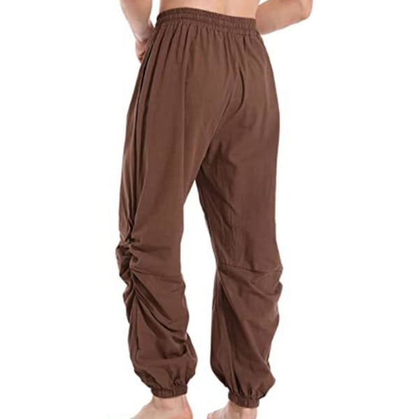 Herrbyxor Enfärgade lösa Sports Yoga Dragsko Elastiska byxor Brown XL