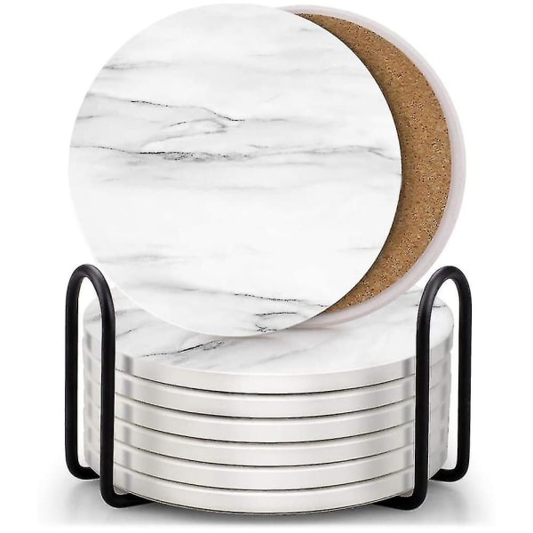 8 Absorberande marmorstil keramiskt underlägg med hållare Vit