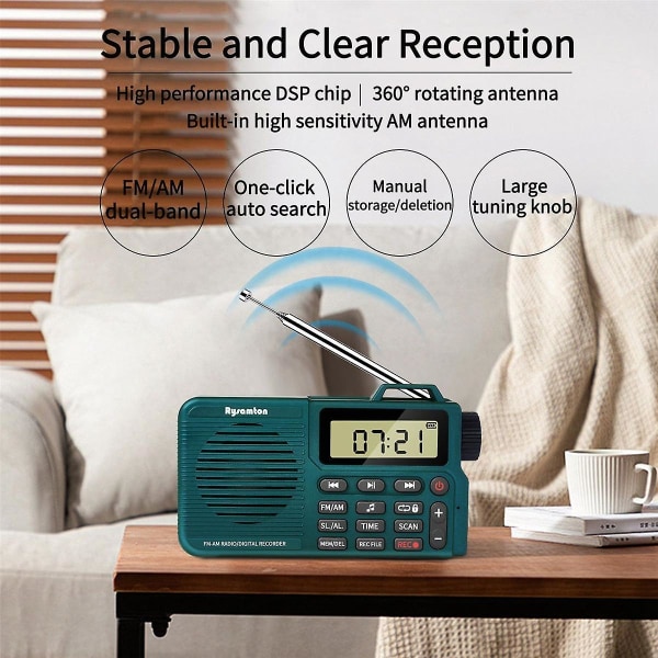 AM/FM-radio, Bluetooth-taskuradio bassokaiutin, tukee Micro-SD-korttia ja tallennusta, pitkä akun kesto