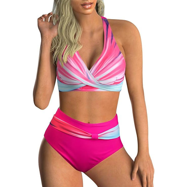 Naisten kaksiosainen uimapuku, Wrap-bikini, korkeavyötäröiset housut, vatsan peittävä uimapuku, vintage-printti pink stripes N