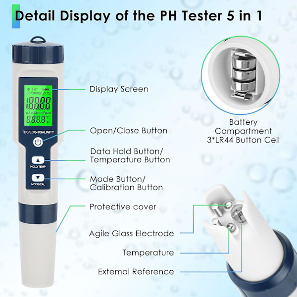 5 i 1 pH-måler til vand, pH/TDS/EC/temp/saltmåler, Salt-tester til saltvandspool, 0,01 opløsning Høj præcision Digital pH-tester