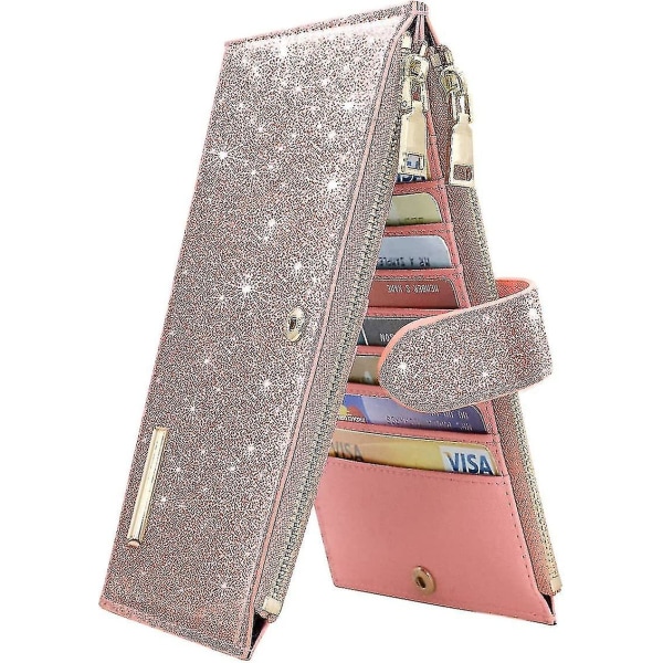 Womens Rfid Blocking Rosa Glitter Läder Multi Card Organizer Bifold Rosa plånbok med blixtlåsficka, roséguld