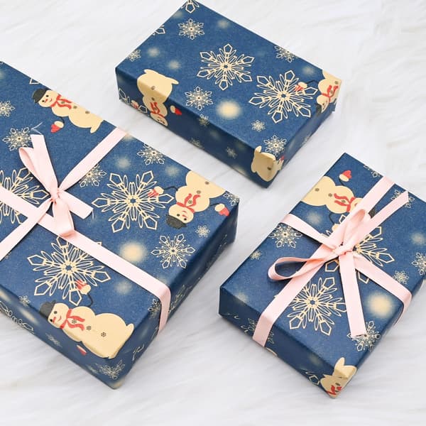 Julklappspapper rulle 43cm*15m, tryckt med snögubbe och snöflingor, blått återvinningsbart presentpapper