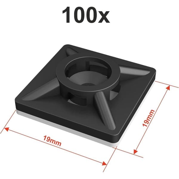100 selvklæbende kabelbindere. 19mm x 19mm. Sort. Selvklæbende kabelbindere. Plastikkabelbinderstøtte. Til kabelbindere