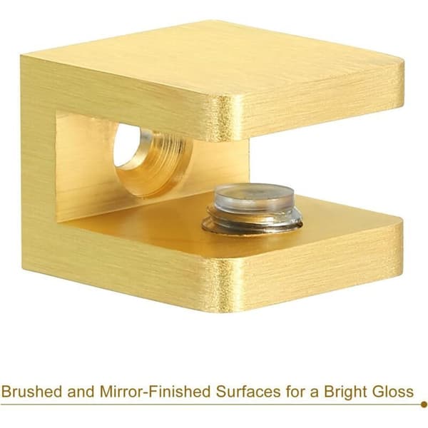 Glashyllklämmor. 4 stycken. Guldpläterad koppar. Justerbar för glas 5 till 8 mm tjockt. U-formad panelmonteringsfäste