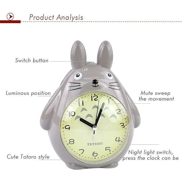 Totoro-tema Vekkerklokke med Snooze-funksjon og Stille LED Nattlys, Beste Gave til Barn, Tenåringer og Venner, Grå