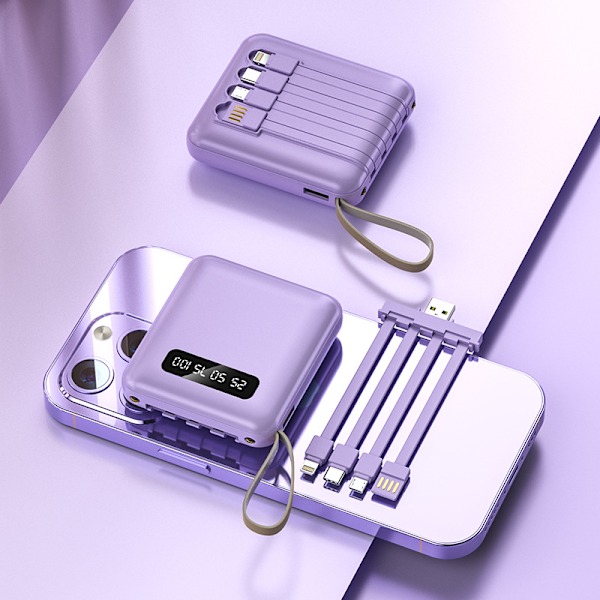 Mini powerbank med inbyggd kabel, stor kapacitet, 20000 mAh snabbladdande powerbank, Lila Purple