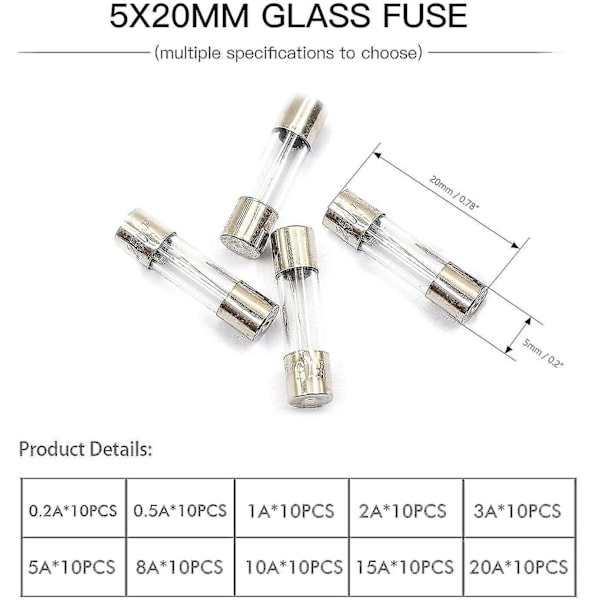 100 stk. Fine Fuse Glass Sikringer Glasrør Sikringer 0,2a-20a Amp Assorteret Sæt Med Opbevaringsboks 5 X 20mm Assorteret Box