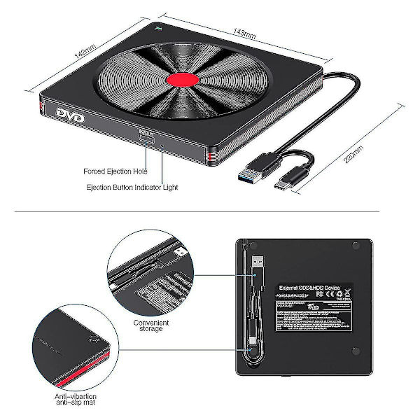 Extern CD/DVD-enhet, USB 3.0 DVD/CD-ROM-läsare, skrivare, brännare för bärbar dator, stationär dator, Windows 11/10/8