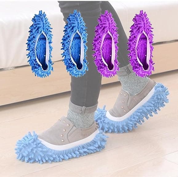 Sæt med 2 moppe-slippers, specielt designet til gulvrengøring, lavet af mikrofibermateriale, bløde og vaskbare hjemmesko (blå + lilla)