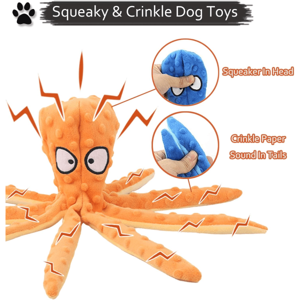 Acehome Squeaky Dog Interactive Play Toy, No Stuffing Octopus Dog Chew Toy with Crinkle Paper for Medium and Large Dog Playing (oransje)