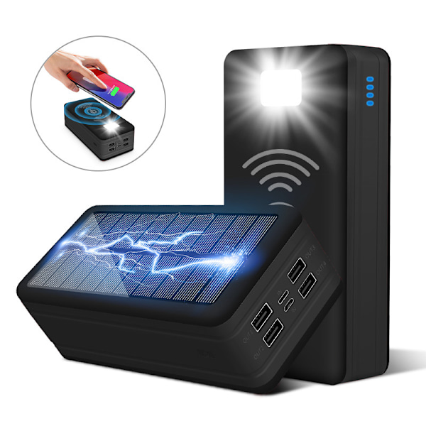 Populær 50000 mAh solcelle trådløs oplader stor kapacitet udendørs mobil powerbank med LED-lys, sort