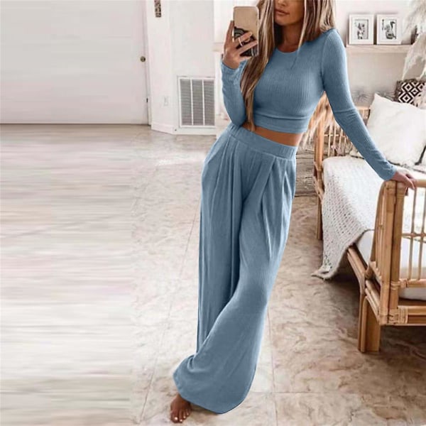 Kvinnor Långärmad Outfit Set Stickad Loungewear Stickade Byxor Casual Wide Leg Byxes Set Blue S