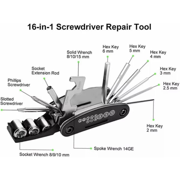 16 i 1 multifunktions cykel cykel cykling mekaniker reparationsværktøjssæt cykelværktøjssæt, motorcykel bærbart multifunktionelt reparationsværktøjssæt