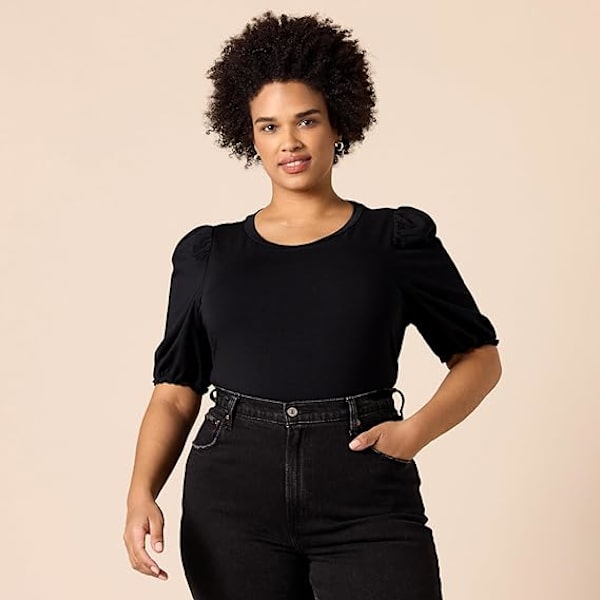 Naisten Klassinen Lyhythihainen Puff-T-paita Pyöreällä Kaula-auksella Black XL