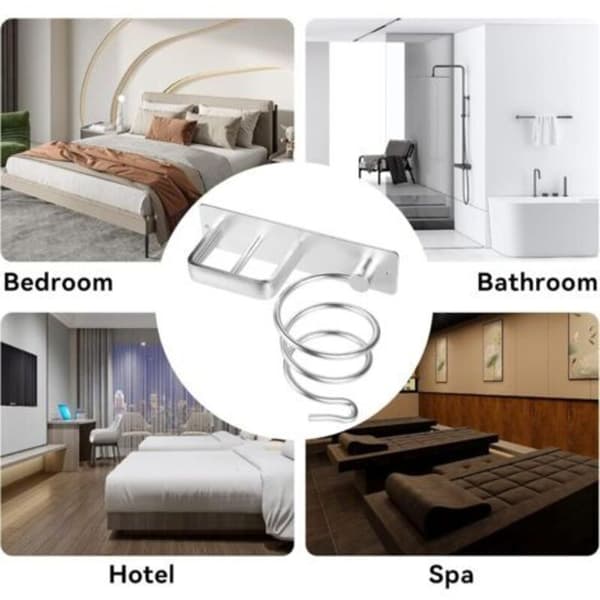Hårtorkshållare, plattångsställ med kabelhantering. Hårtorksorganisatör i aluminium för väggmontering. För badrum, sovrum, hotell. Silver