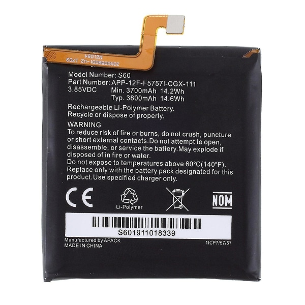 For Cat S60 3.85V 3700mAh Li-ion-polymeeriakku (koodi: APP-12F-F5757I-CGX-111)