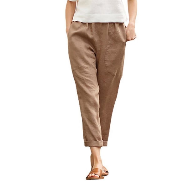 Kvinder Bukser Sommer Casual Solid Cropped Bukser Med Lommer Khaki L