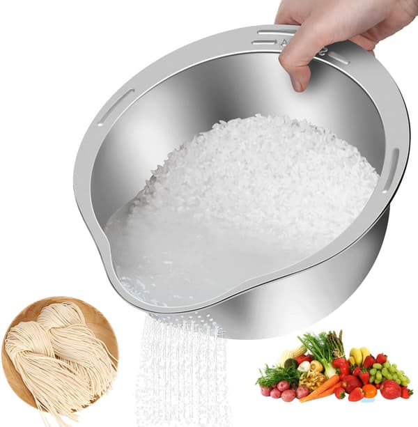 Risvaskebassin med filter, grøntsagsrenser med filter, risfilter i rustfrit stål.