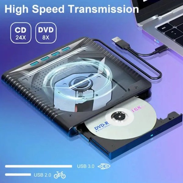 7-in-1 ulkoinen DVD-asema, USB 3.0 Type-C, DVD-poltin 4 USB-portin ja 2 TF/SD-korttipaikan kanssa