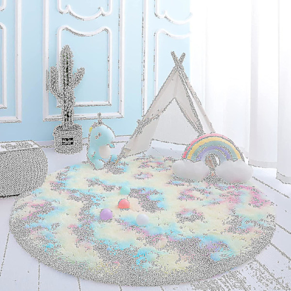 Rund Sovrumsmatta Regnbåge Barnrum Matta Rund Rosa Fluffig Prinsessa Slott Luddig Matta, 100x100cm