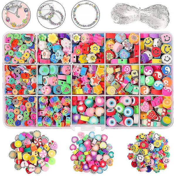 990 Stykker Smiley Perler Polymer Leire Perler Frukt Perler Fargerike Trådperler DIY Armbånd Kjede Avstandsstykker Perlersett Håndverksett For Armbånd Hårbånd
