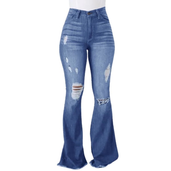 Kvinnor Ripped Jeans Utsvängda långbyxor Stretch jeansbyxor Light Blue L