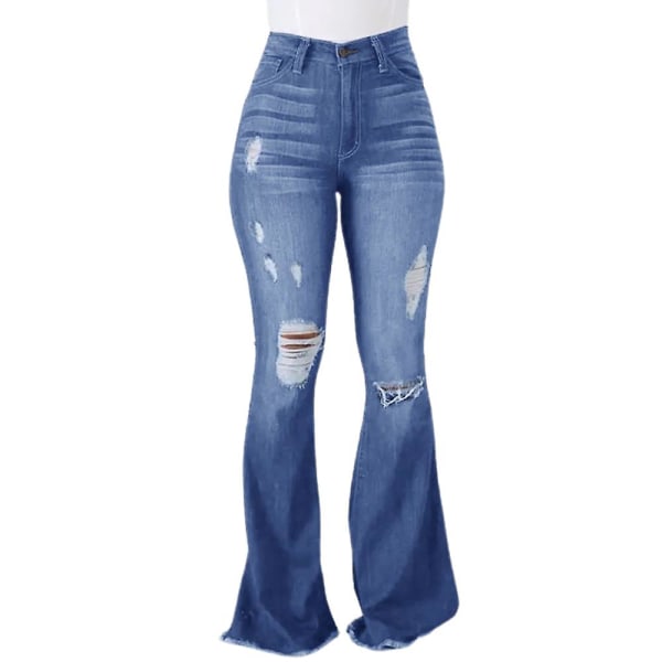 Kvinnor Ripped Jeans Utsvängda långbyxor Stretch jeansbyxor Light Blue M