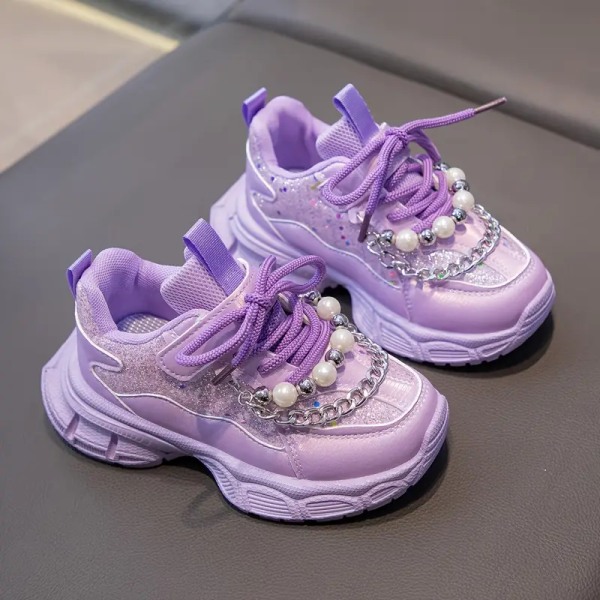 Stilige og søte sneakers med paljetter og kunstige perler for jenter, sklisikre løpesko for alle årstider Purple 37