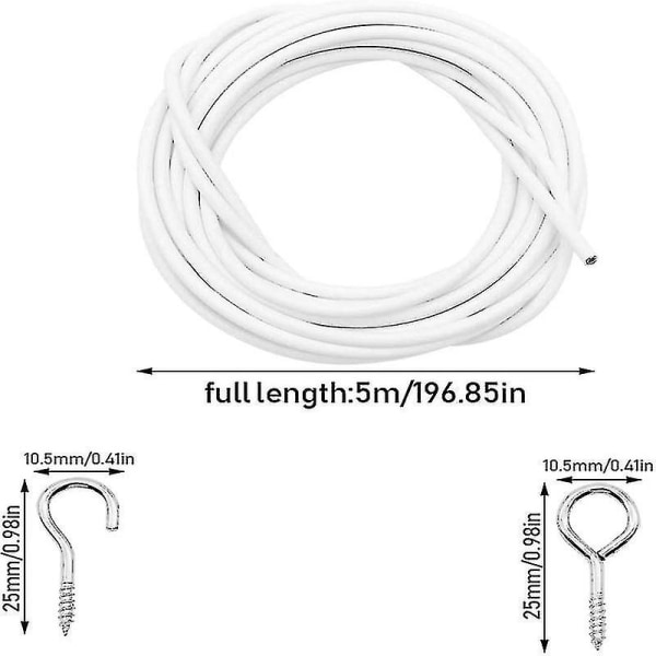 5m Gardinwire, Vit Gardinwire Med 6 Stycken Ögonbultar Och 6 Stycken Skruvhakar, Plastbelagd Gardinwire, Mjuk Gardinstång Gardinwire