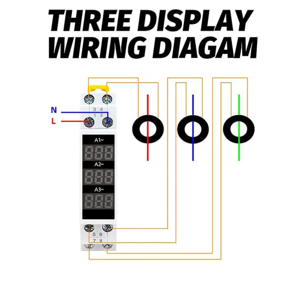 Din-kiskoon kiinnitettävä 3-vaiheinen ampeerimittari Mini modulaarinen virtamittarin ilmaisin LED-digitaalinäytön ilmaisin ampeerimittari