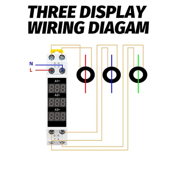 DIN-Skinnemonteret 3-Fase Amperemeter Mini Modulstrømmåler Målerindikator LED Digital Display Detektor Amperemeter