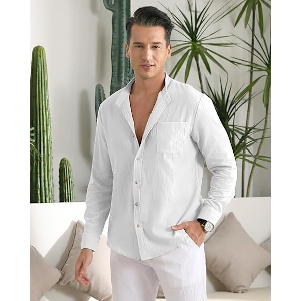 Menn Casual Bomullslin Skjorter Lang Erme Knapp Ned Skjorter med Lomme White M