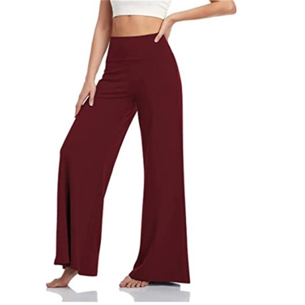 Dame elastiske løse yogabukser Casual lange bukser med brede ben Wine Red 2XL