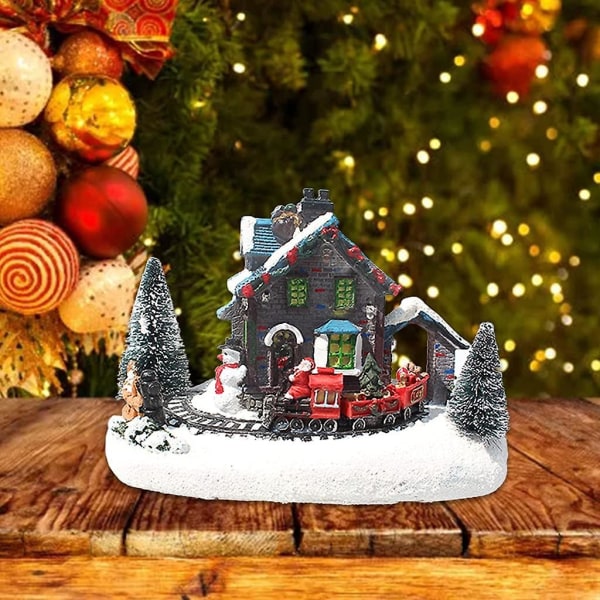 Fong Color Led julelys, lite tog landsbyhus lysende landskap, snøharpiksfigurer, skrivebordspryd, Led julelandsbylys