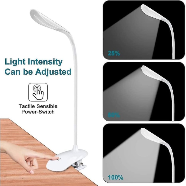 Läsljus, läsljus 16 led 3 ljusstyrkalägen 360 flexibel hals Uppladdningsbar med USB kabelklämma Lampa för nattläsning Arbetsinlärning