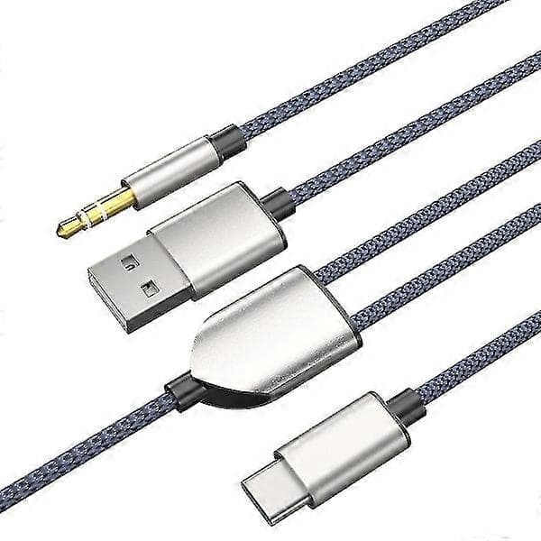 1 Split 2 Type C - USB A 3,5 mm Aux -kaapeli Stereo Hifi -ääni autokaiuttimelle, musta
