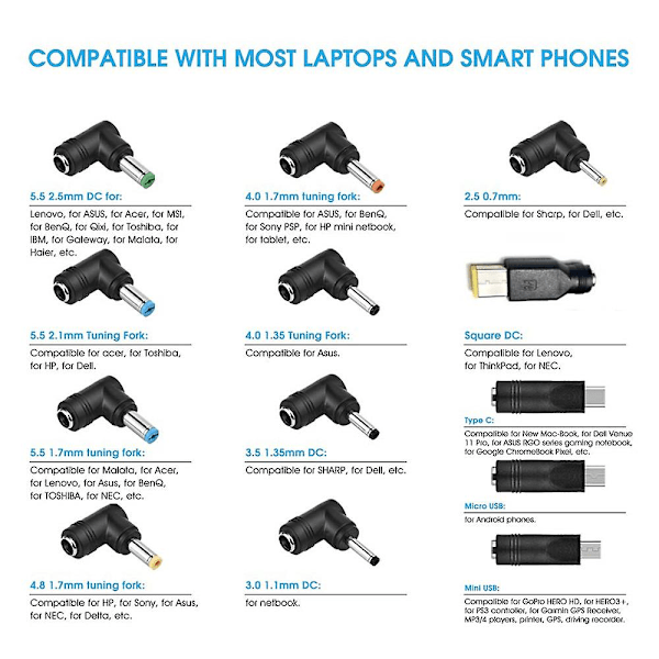 USB til DC strømledning Universal USB til DC ladekabel strømledning med 13 utskiftbare plugger