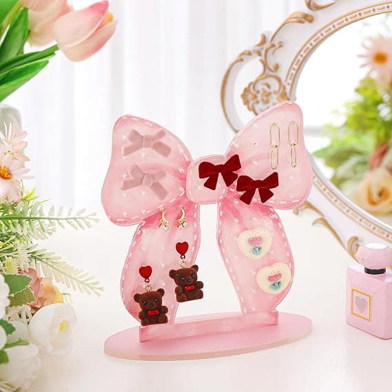 Pink sløjfe akryl øreringeholder organizer 70 huller/35 par øreringe
