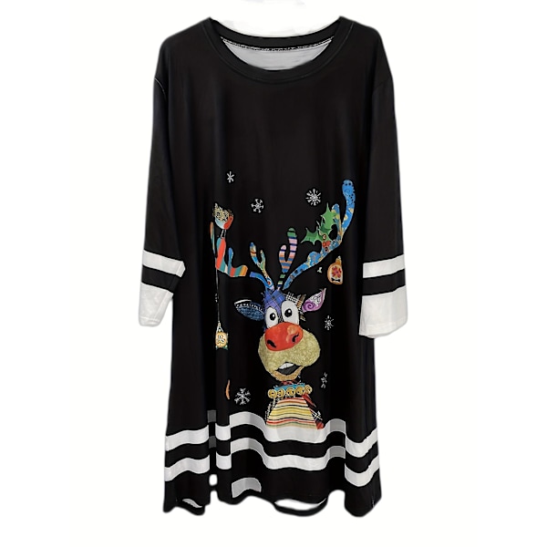 Plus Size Julekjole til Kvinder - Reindeer Print, Tre Kvarte Ærmer, Rund Hals, Let Stræk