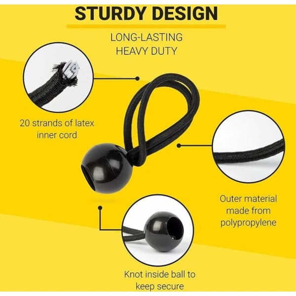 Elastiska snören med kuländar - Förpackning med 50. 15 universella gummiband med fästen - Slitstark elastisk rem perfekt för camping, - Svart