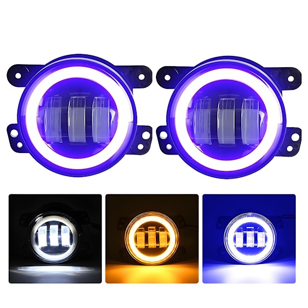 4 Tums LED-Dimljus Halo Ring Arbetsljus för JK, med Blå DRL Gul Blinkers (blå+gul+vit