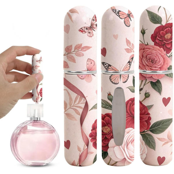 3-pack sprayparfymflaskor, resevänliga påfyllningsbara sprayflaskor, blom- och fjärilsdesign, portabla resebehållare.