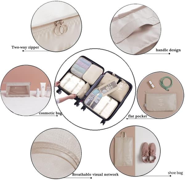 Resväska Organizer Väskor, 8 Storlekar, Resväska Organizer Väskor, 8-pack (Beige)