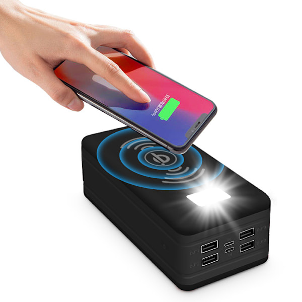 Populær 50000 mAh solcelle trådløs oplader stor kapacitet udendørs mobil powerbank med LED-lys, sort