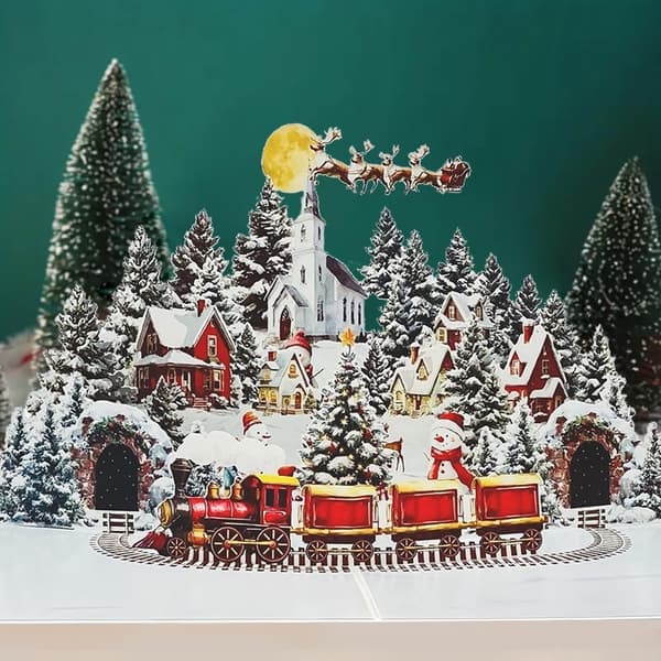 3D Julkort, vinternattstad, snögubbe och skogsdesign, handgjorda julklappar.